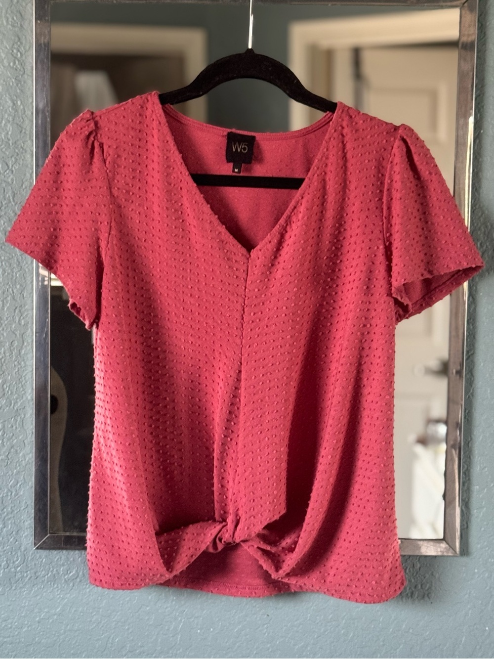 Anthropologie Swiss Dot Raspberry Textured V-Neck Knot Front Blouse Size Medium
